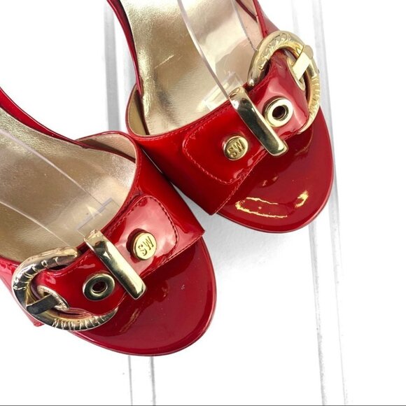 STUART WEITZMAN RED PATENT LEATHER HEEL GOLD SLINGBACK OPEN  TOE GLOSSY SHOE 7.5 - Picture 17 of 17